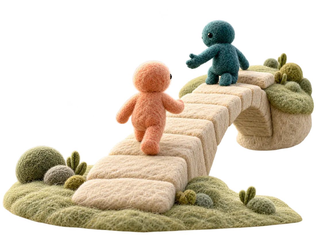 Two wool characters building a bridge and helping each other forward.